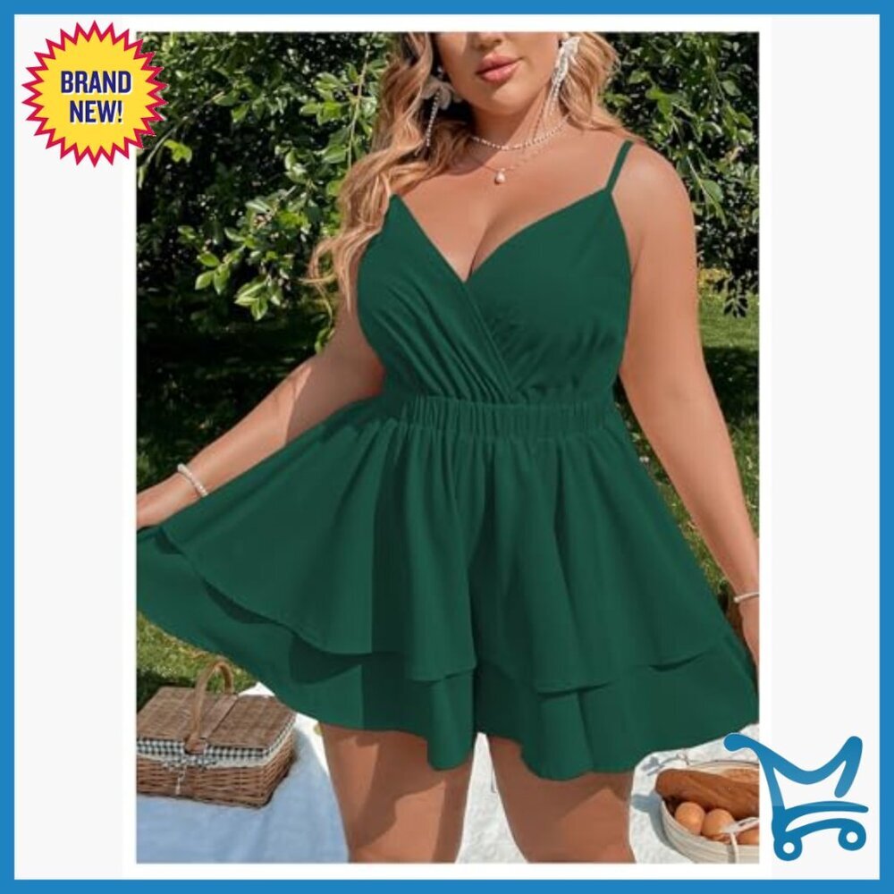 Plus Size V-Neck Wrap Romper Layered Ruffle Hem Short Jumpsuit Summer Casual - Picture 3 of 6